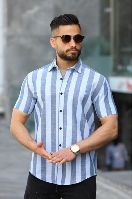 Lacivert Erkek Çizgili Ekose Slim Fit Kısa Kol Gömlek 96088