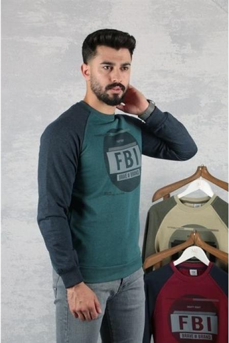 Erkek PETROL Slim Fit FBI Baskılı Reglan Kol Sweatshirt 95111