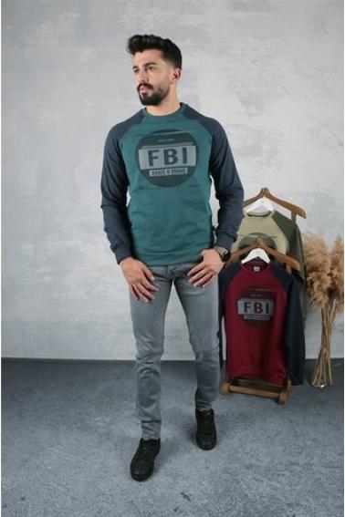 Erkek PETROL Slim Fit FBI Baskılı Reglan Kol Sweatshirt 95111