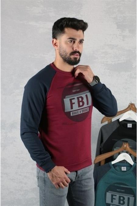 Erkek BORDO Slim Fit FBI Baskılı Reglan Kol Sweatshirt 95111