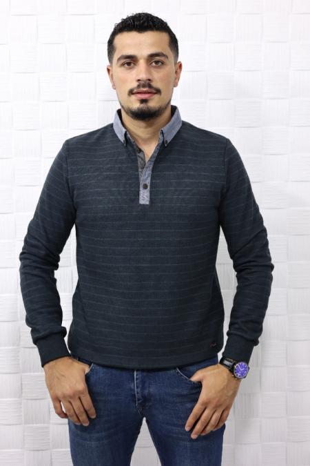 Erkek FÜME Polo Yaka Selanik Sweatshirt Yaka Gabardin detaylı 95043