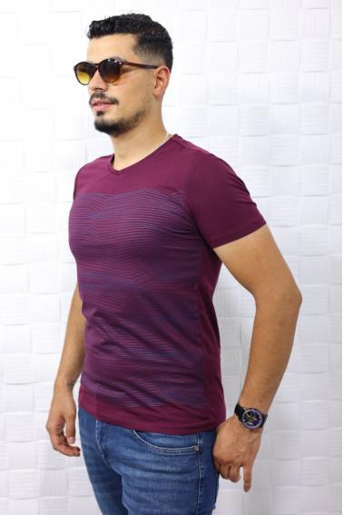 5148 Erkek Çizgili V Yaka Bordo T-Shirt