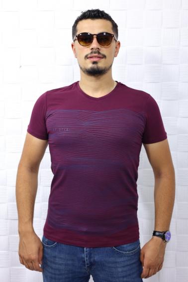 5148 Erkek Çizgili V Yaka Bordo T-Shirt