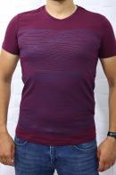 5148 Erkek Çizgili V Yaka Bordo T-Shirt