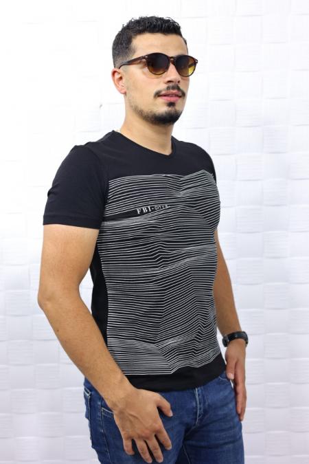 5148 Erkek Çizgili V Yaka Siyah T-Shirt