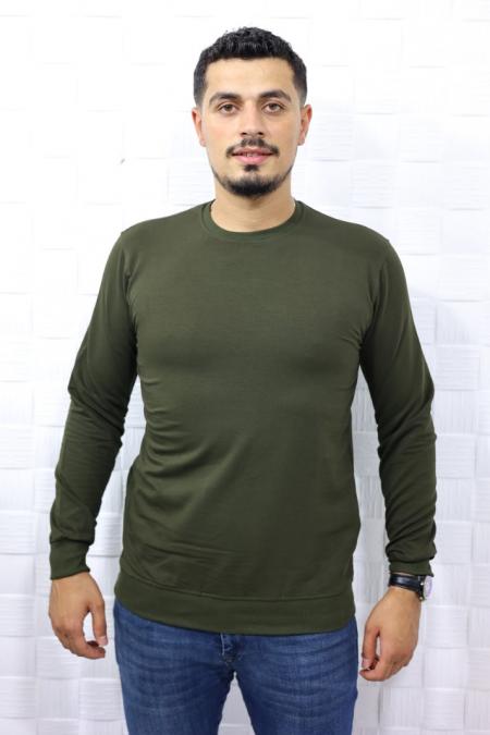 Erkek HAKİ Slim Fit  Bisiklet Yaka Dokulu Sweatshirt