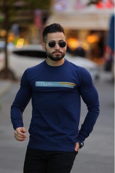 Erkek LACİVERT Slim Fit  Bisiklet Yaka Baskılı Sweatshirt 51641