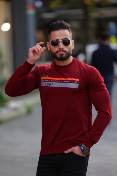 Erkek BORDO Slim Fit  Bisiklet Yaka Baskılı Sweatshirt 51640