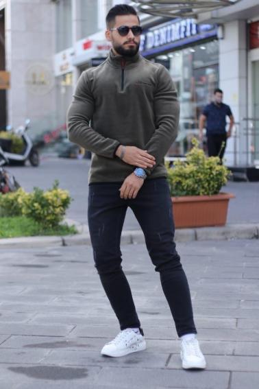 Erkek HAKİ Slim Fit Fermuarlı Sweatshirt 5452