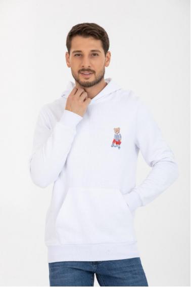 Erkek BEYAZ Slim Fit  Bisiklet Yaka Kanguru Cep Sweatshirt 95098