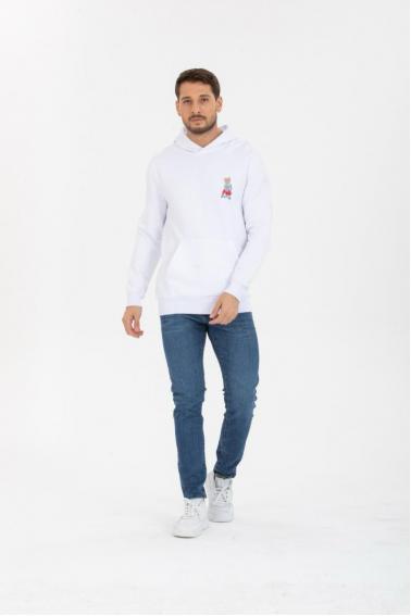 Erkek BEYAZ Slim Fit  Bisiklet Yaka Kanguru Cep Sweatshirt 95098