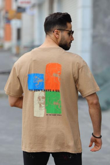 FBI Kuru Kafa Baskılı Bisiklet Yaka Erkek Bej T-Shirt 5523