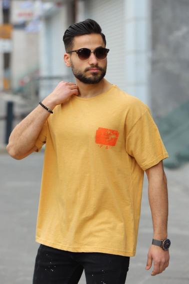 FBI Kuru Kafa Baskılı Bisiklet Yaka Erkek Hardal T-Shirt 5523