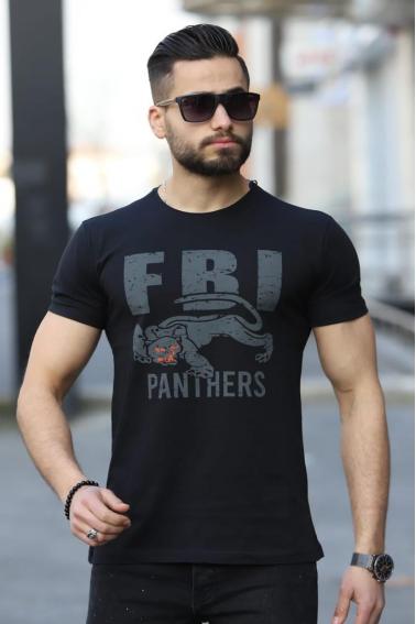 FBI PANTER Baskılı Bisiklet Yaka Erkek Siyah T-Shirt 5437