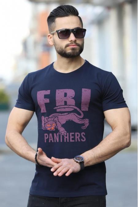 FBI PANTER Baskılı Bisiklet Yaka Erkek Lacivert T-Shirt 5437