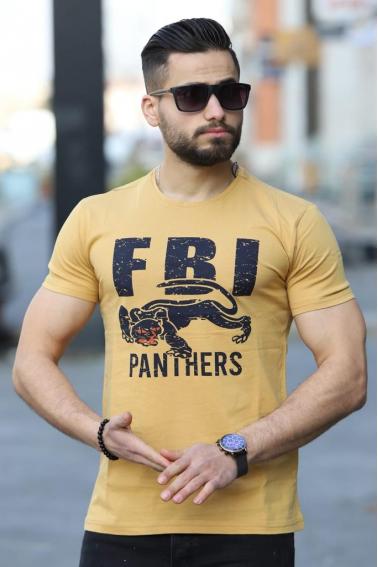 FBI PANTER Baskılı Bisiklet Yaka Erkek Hardal T-Shirt 5437