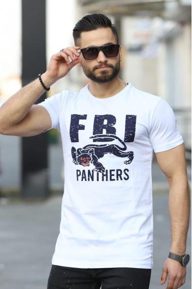 FBI PANTER Baskılı Bisiklet Yaka Erkek Beyaz T-Shirt 5437