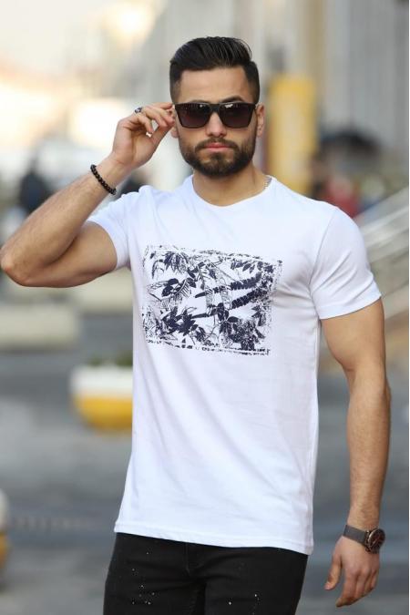 Baskılı Bisiklet Yaka Erkek Beyaz T-Shirt 5494