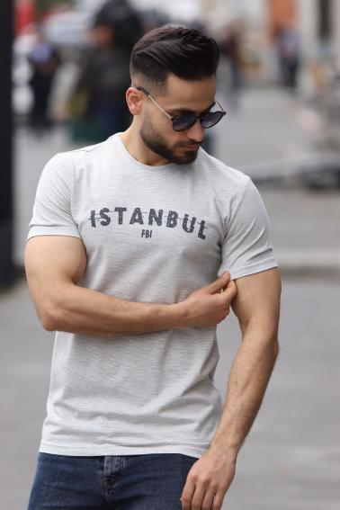 İstanbul Baskılı Bisiklet Yaka Erkek Beyaz T-Shirt 5502