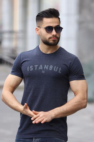 İstanbul Baskılı Bisiklet Yaka Erkek Lacivert T-Shirt 5502