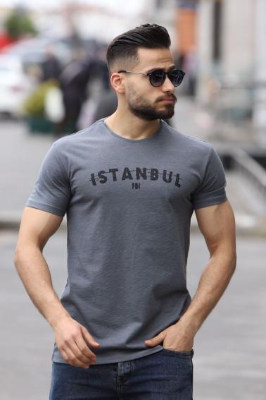 İstanbul Baskılı Bisiklet Yaka Erkek Antrasit T-Shirt 5502