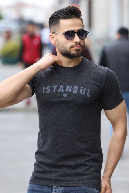 İstanbul Baskılı Bisiklet Yaka Erkek Siyah T-Shirt 5502