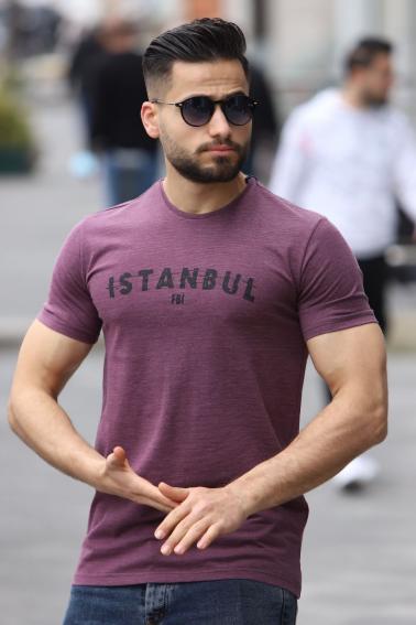 İstanbul Baskılı Bisiklet Yaka Erkek Mürdüm T-Shirt 5502