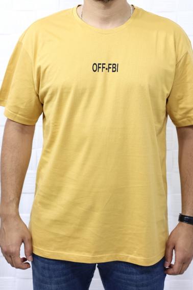 OFF-FBI Baskılı Bisiklet Yaka Erkek Hardal T-Shirt 5481