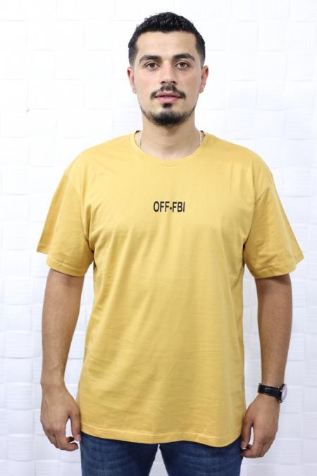 OFF-FBI Baskılı Bisiklet Yaka Erkek Hardal T-Shirt 5481