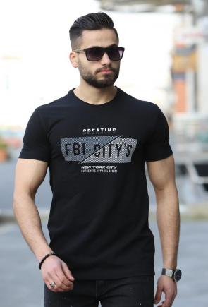 FBI CITY'S Baskılı Bisiklet Yaka Erkek Siyah T-Shirt F5485