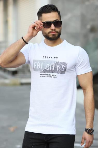 FBI CITY'S Baskılı Bisiklet Yaka Erkek Beyaz T-Shirt F5485