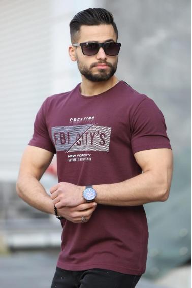 FBI CITY'S Baskılı Bisiklet Yaka Erkek Mürdüm T-Shirt F5485