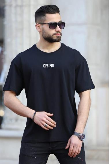 OFF-FBI Baskılı Bisiklet Yaka Erkek Siyah T-Shirt 5481