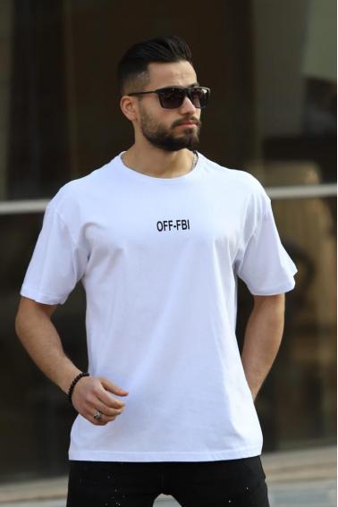 OFF-FBI Baskılı Bisiklet Yaka Erkek Beyaz T-Shirt 5481