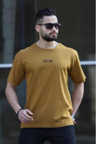 OFF-FBI Baskılı Bisiklet Yaka Erkek Bej T-Shirt 5481