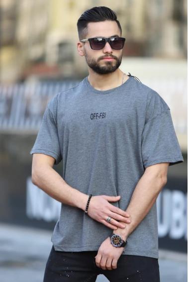 OFF-FBI Baskılı Bisiklet Yaka Erkek Antrasit T-Shirt 5481