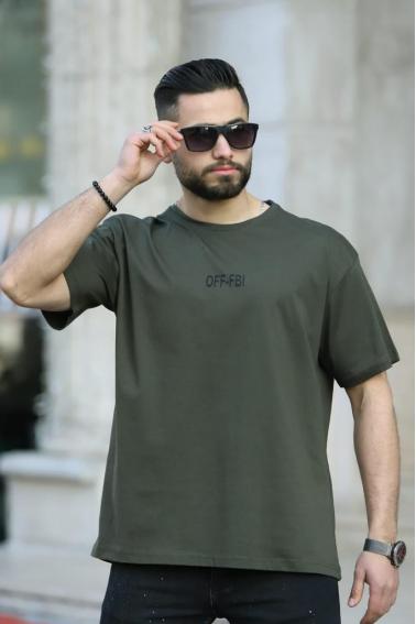 OFF-FBI Baskılı Bisiklet Yaka Erkek Haki T-Shirt 5481