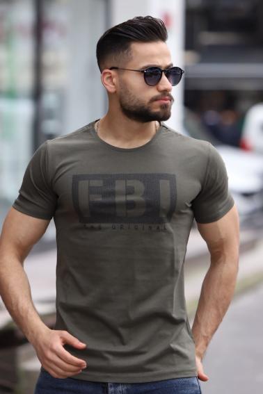 FBI Baskılı Bisiklet Yaka Erkek Haki T-Shirt 5412