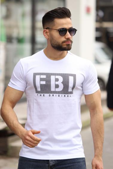FBI Baskılı Bisiklet Yaka Erkek Beyaz T-Shirt 5412