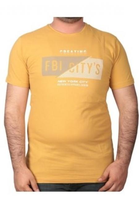 FBI CITY'S Baskılı Bisiklet Yaka Erkek Hardal T-Shirt F5485