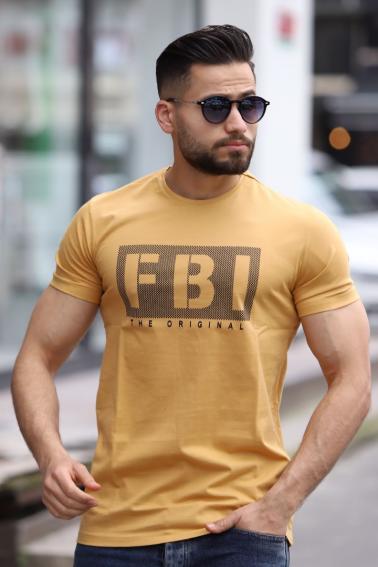 FBI Baskılı Bisiklet Yaka Erkek Hardal T-Shirt 5285