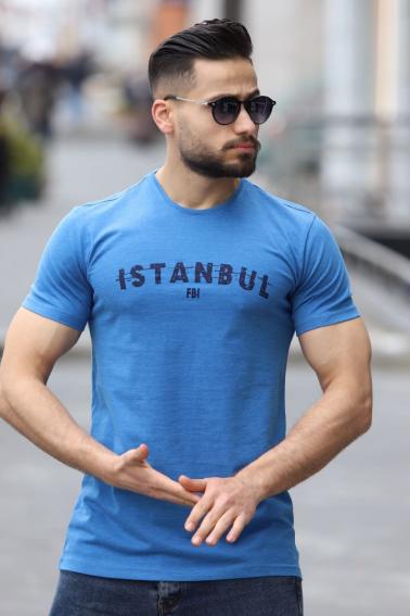İstanbul Baskılı Bisiklet Yaka Erkek Sax T-Shirt 5502