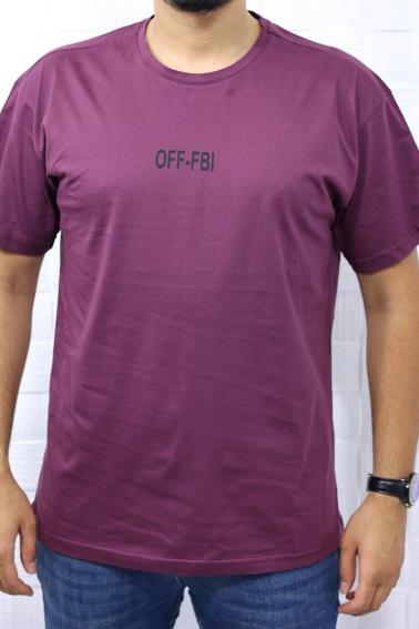 OFF-FBI Baskılı Bisiklet Yaka Erkek Mürdüm T-Shirt 5481