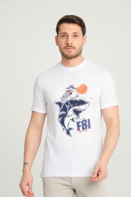 FBI Baskılı Bisiklet Yaka Erkek Beyaz T-Shirt 95197