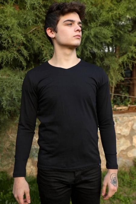 Erkek SİYAH Slim Fit  Bisiklet Yaka Penye Uzun Kol T-Shirt 5377