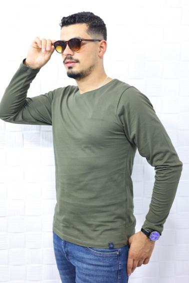 Erkek HAKİ Slim Fit  Bisiklet Yaka Penye Uzun Kol T-Shirt 5376