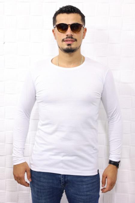 Erkek BEYAZ Slim Fit  Bisiklet Yaka Penye Uzun Kol T-Shirt 5376