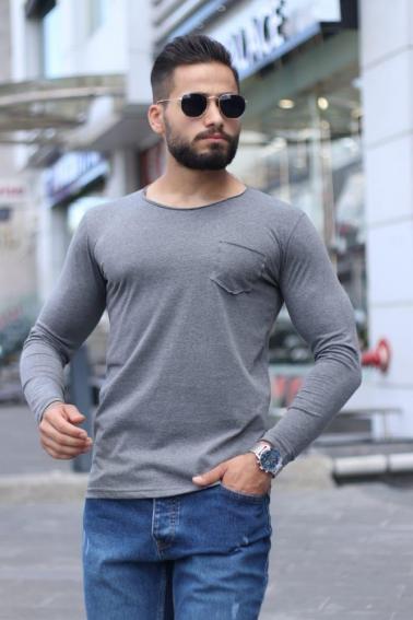 Erkek K.GRİ Slim Fit  Bisiklet Yaka Penye Uzun Kol T-Shirt 5244