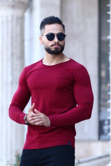 Erkek BORDO Slim Fit  Bisiklet Yaka Penye Uzun Kol T-Shirt 5244