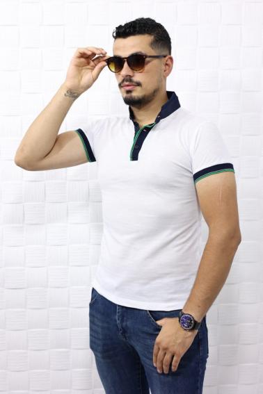 Erkek Beyaz Dik Yaka Patlı Modern Kesim Kısa Kollu T-Shirt F5185
